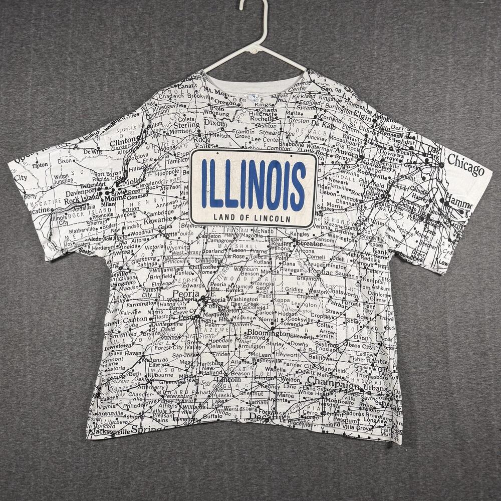 Vintage Sun Sportswear Shirt Mens 3XL White Illinois Map All Over Print USA 90s